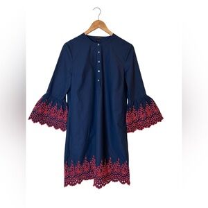J. Crew Blue Sheath Dress Size S With Red Embroidery Eyelet Bell Sleeves